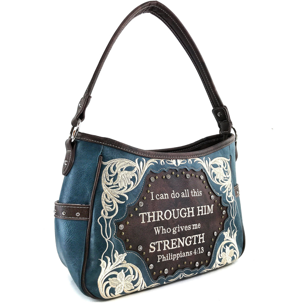 Bible Verse Philippians 4:13 Embroidery Handbag Hobo Bag: Black