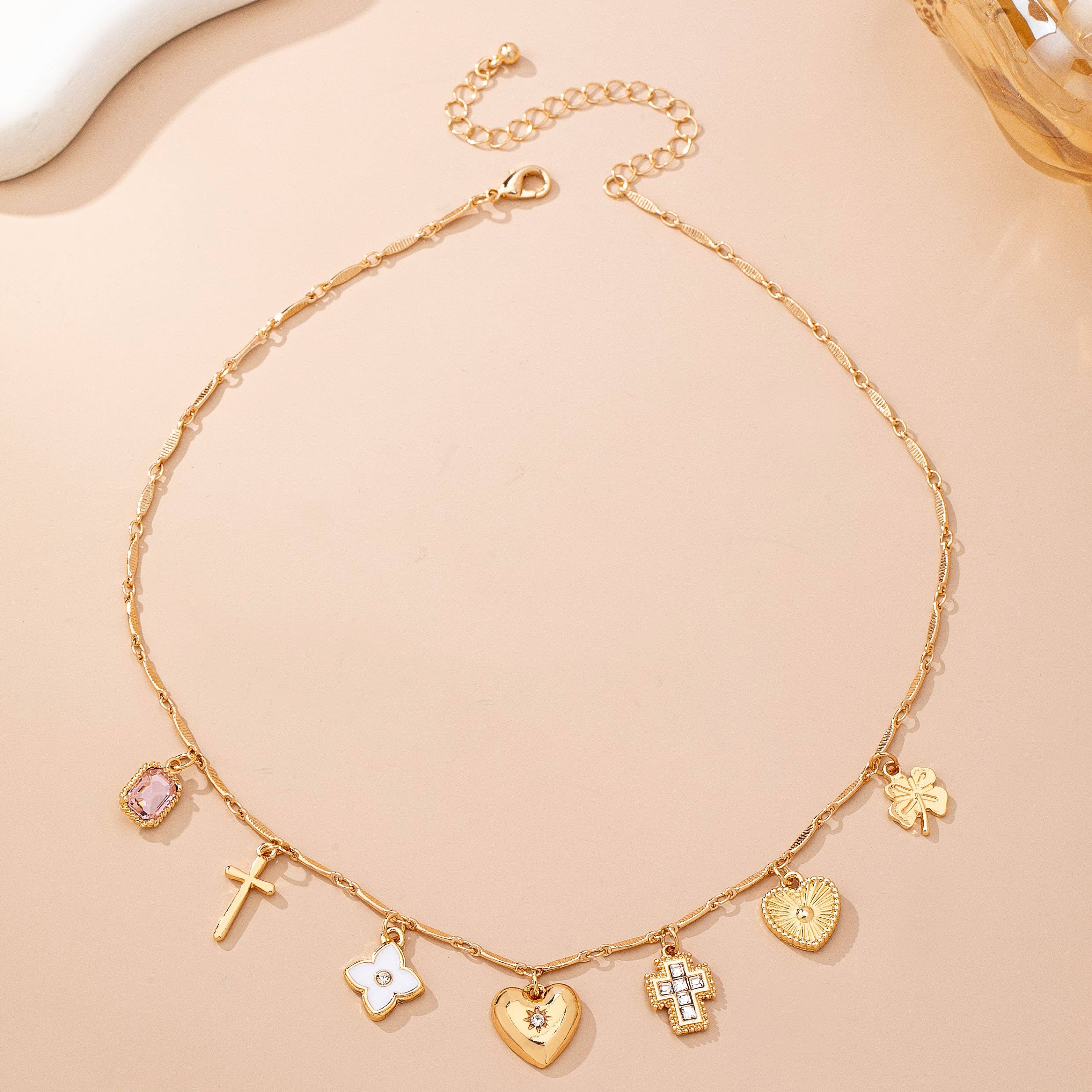 CHARM NECKLACE-crosses hearts flowers clovers | 80N92807: Gold