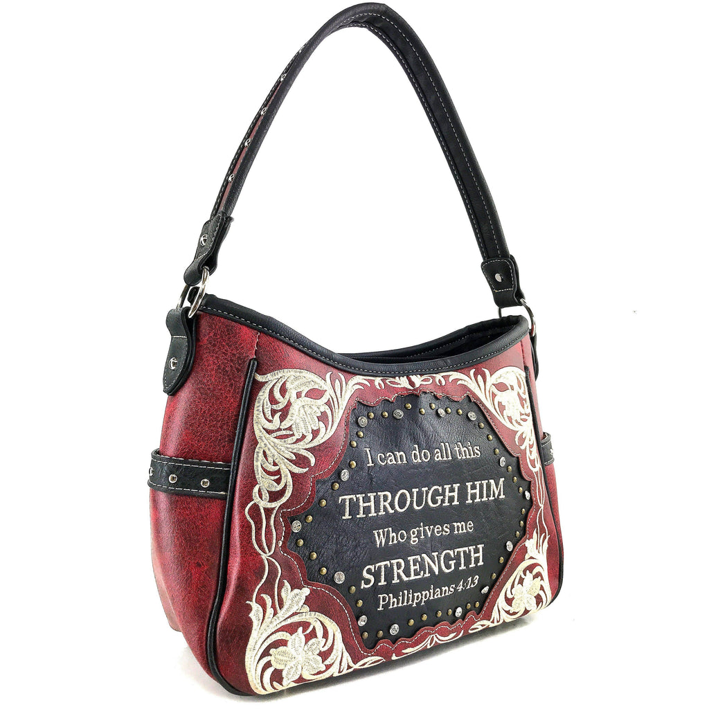 Bible Verse Philippians 4:13 Embroidery Handbag Hobo Bag: Black