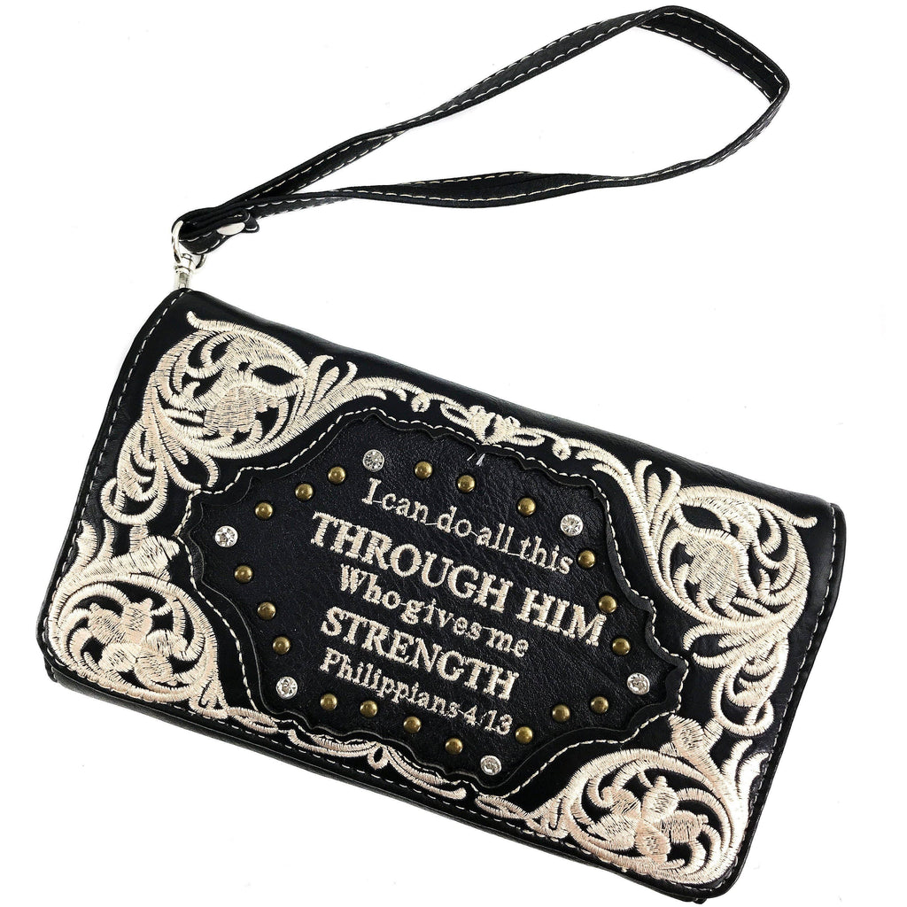 Bible Verse Philippians 4:13 Embroidery Crossbody Wallet: Black