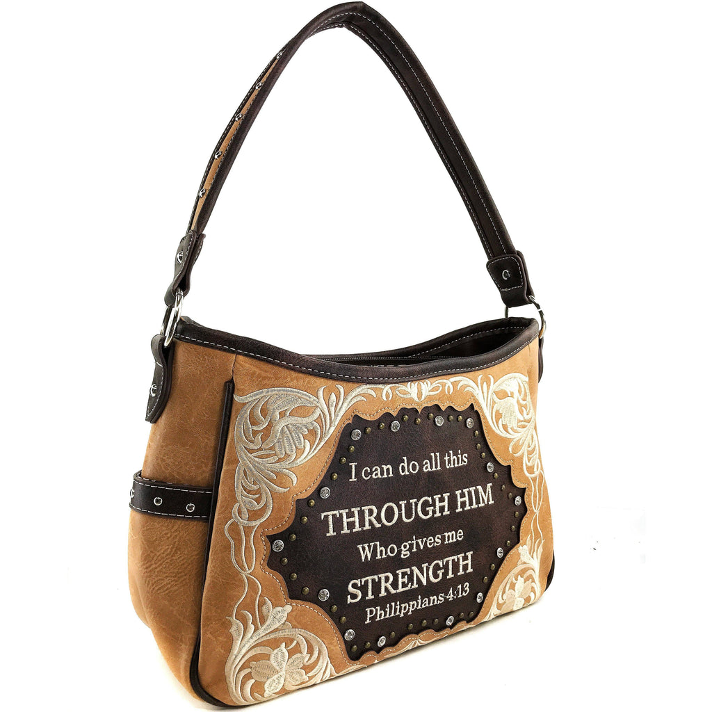 Bible Verse Philippians 4:13 Embroidery Handbag Hobo Bag: Black
