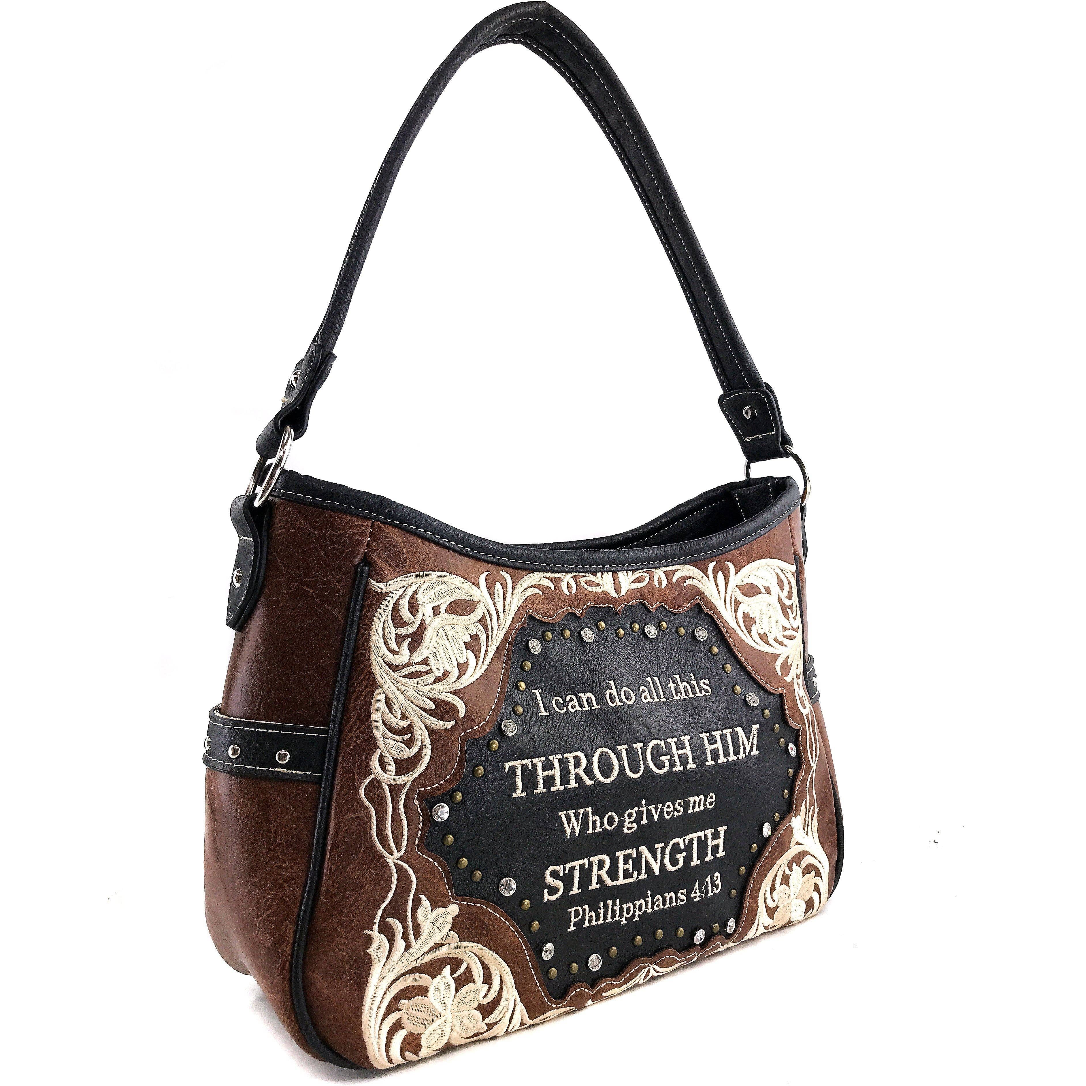 Bible Verse Philippians 4:13 Embroidery Handbag Hobo Bag: Black