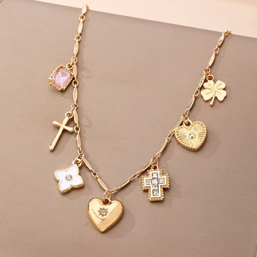 CHARM NECKLACE-crosses hearts flowers clovers | 80N92807: Gold