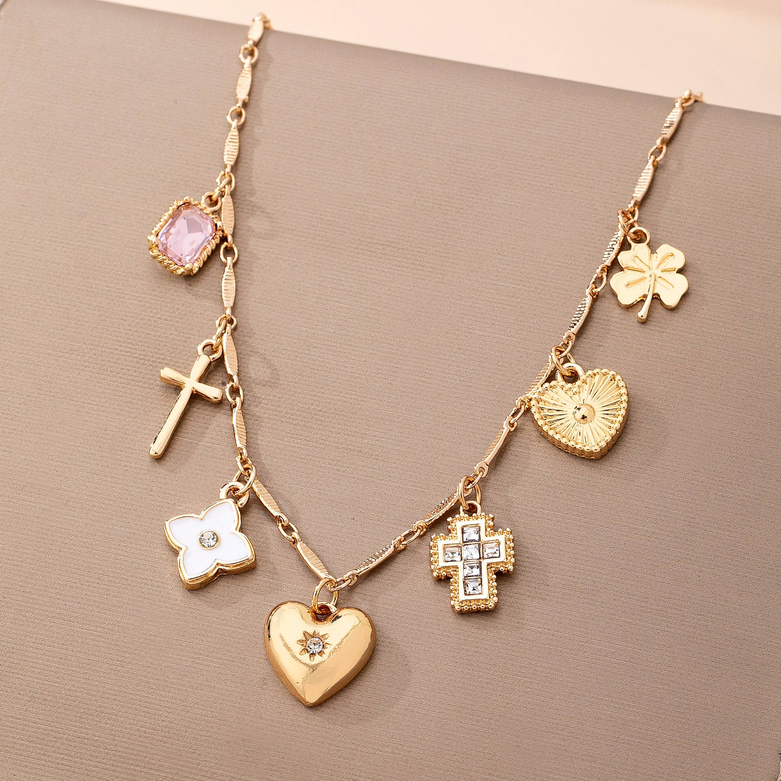 CHARM NECKLACE-crosses hearts flowers clovers | 80N92807: Gold