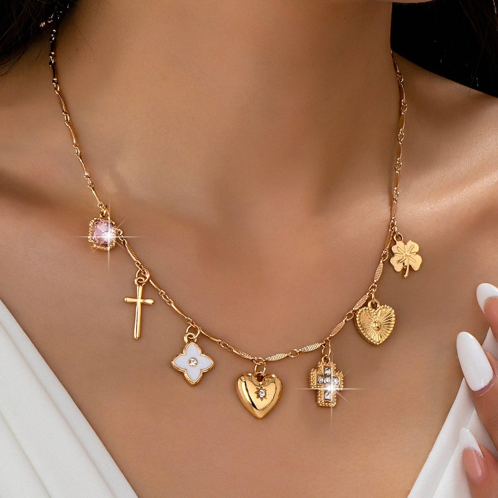 CHARM NECKLACE-crosses hearts flowers clovers | 80N92807: Gold