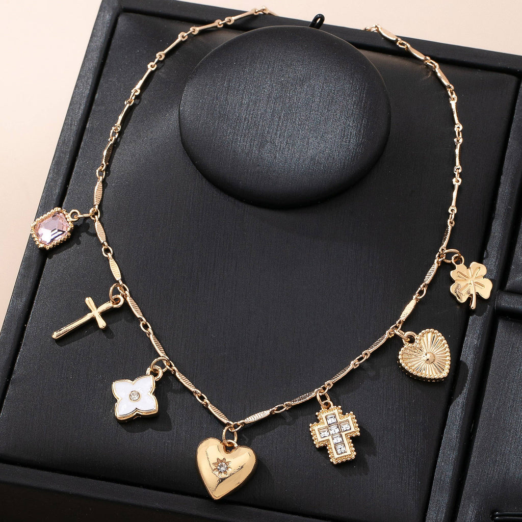 CHARM NECKLACE-crosses hearts flowers clovers | 80N92807: Gold