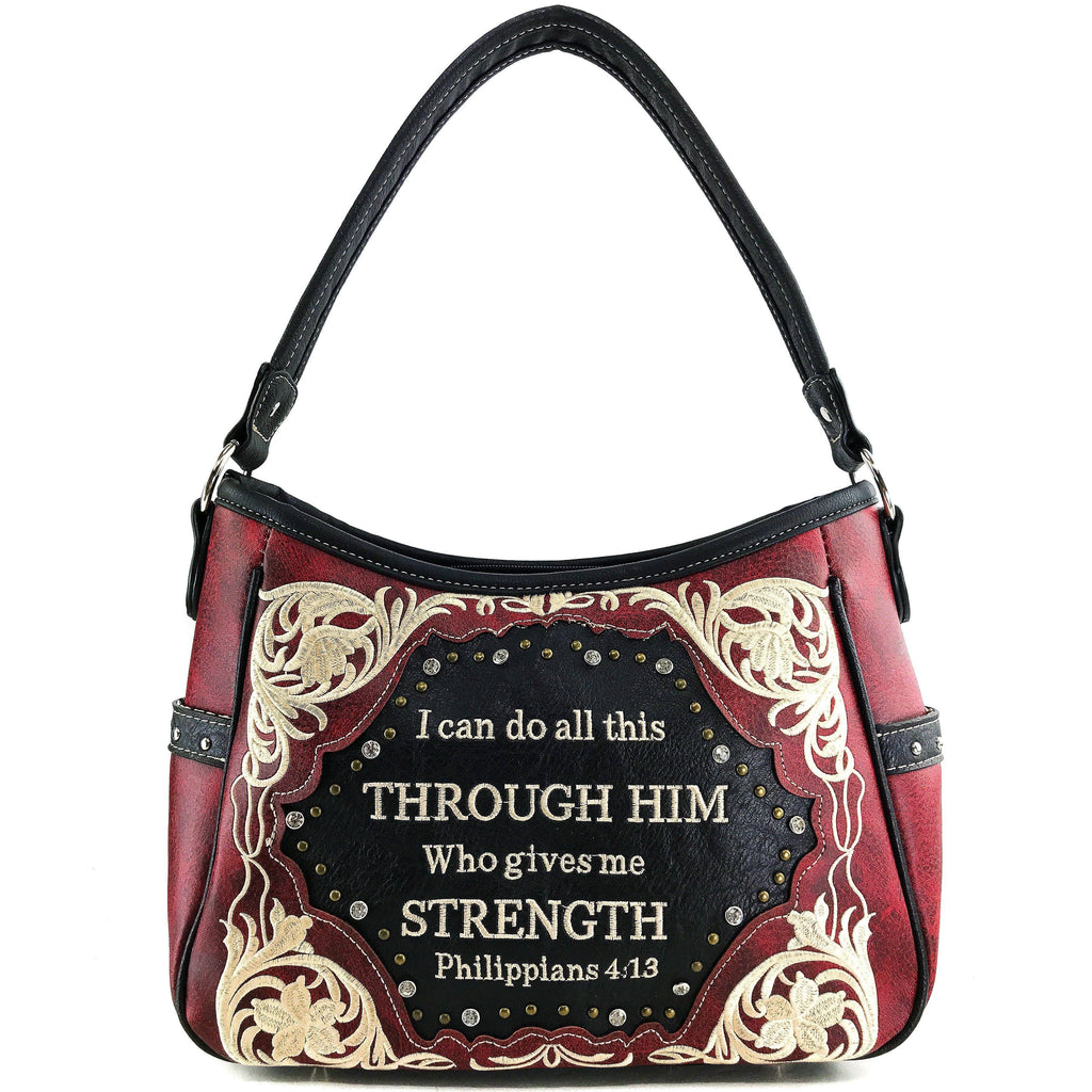 Bible Verse Philippians 4:13 Embroidery Handbag Hobo Bag: Black