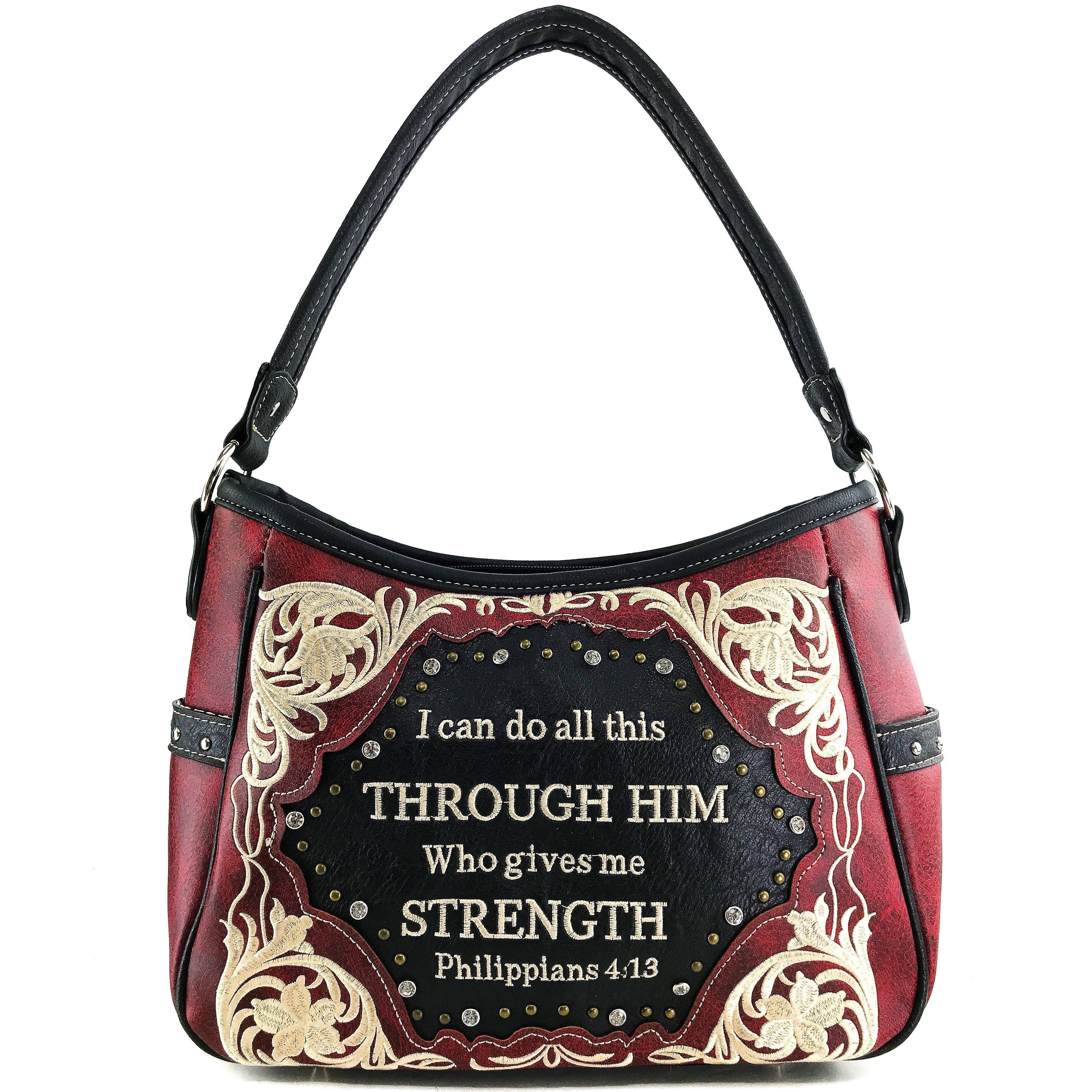 Bible Verse Philippians 4:13 Embroidery Handbag Hobo Bag: Black