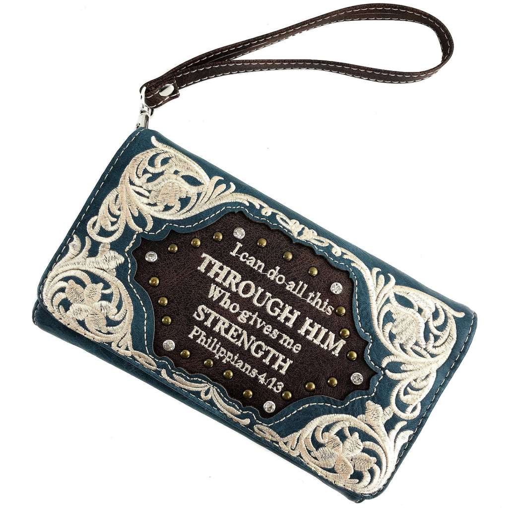 Bible Verse Philippians 4:13 Embroidery Crossbody Wallet: Black