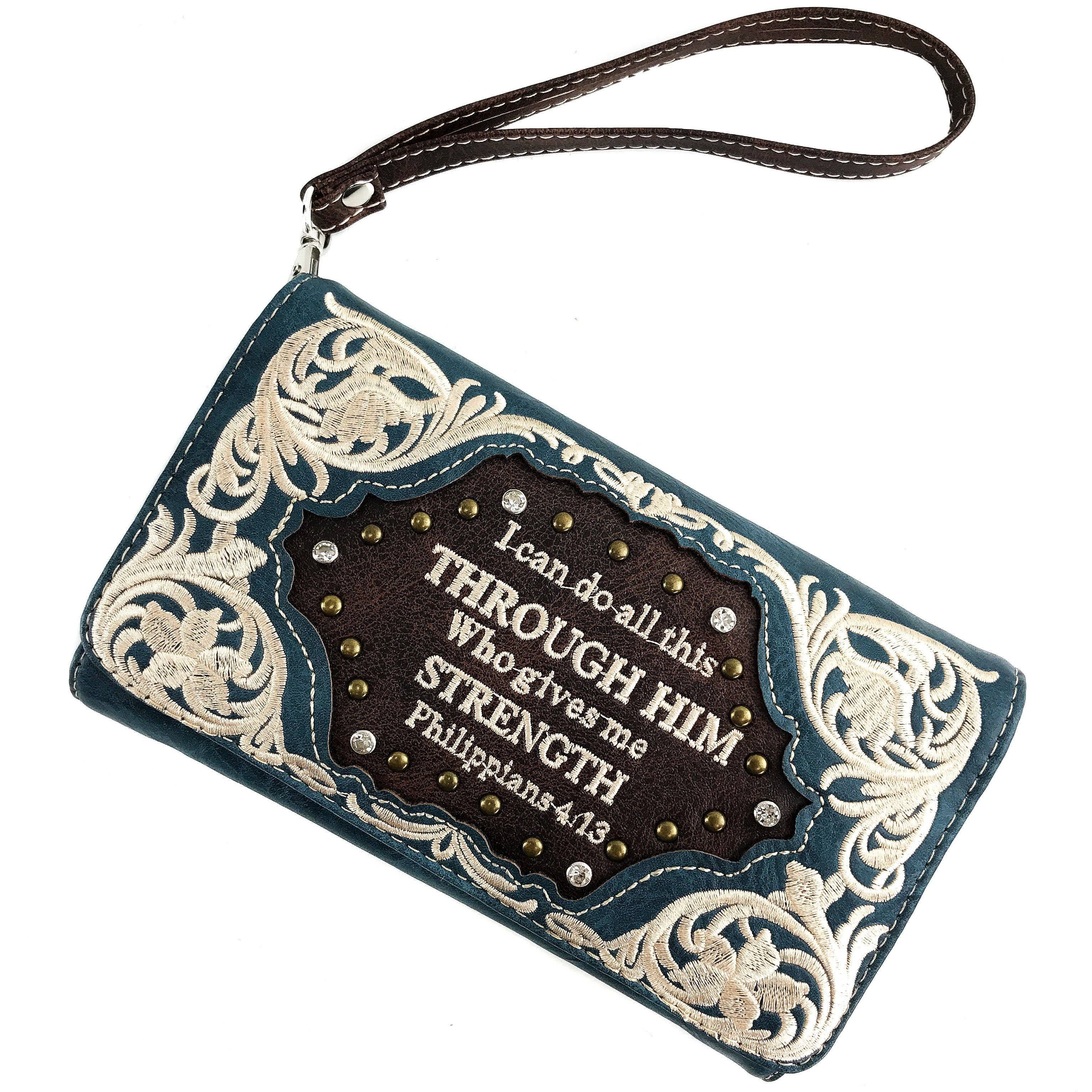 Bible Verse Philippians 4:13 Embroidery Crossbody Wallet: Black