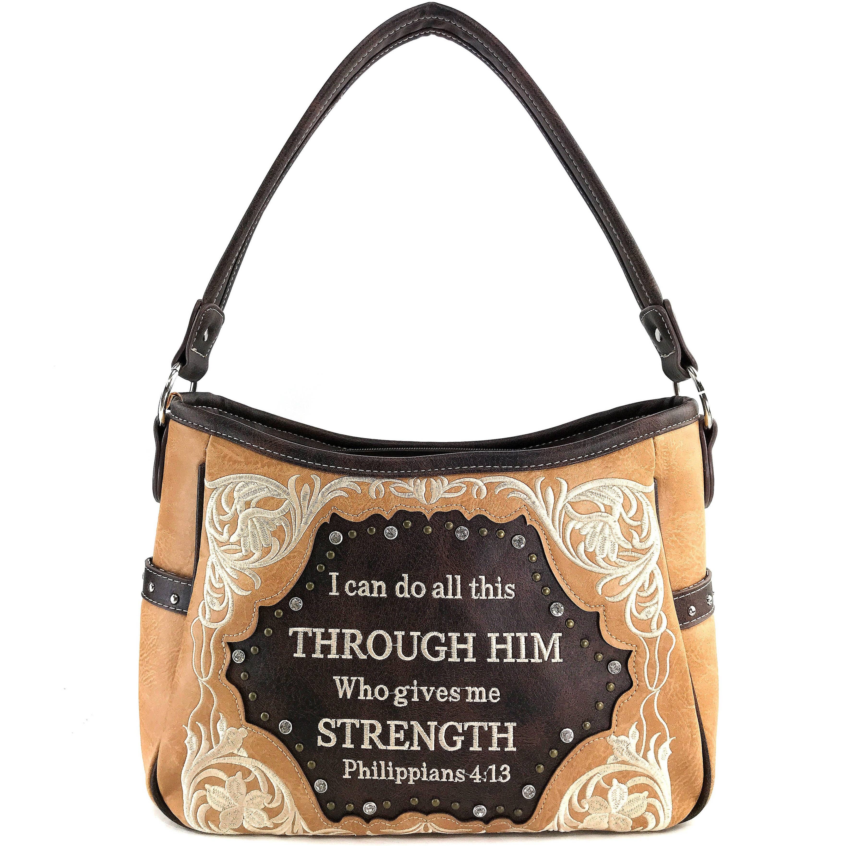 Bible Verse Philippians 4:13 Embroidery Handbag Hobo Bag: Black
