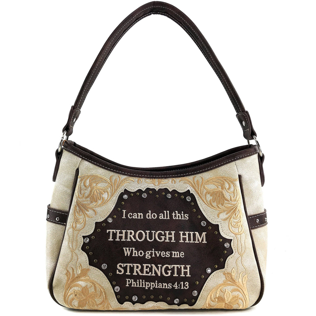 Bible Verse Philippians 4:13 Embroidery Handbag Hobo Bag: Black