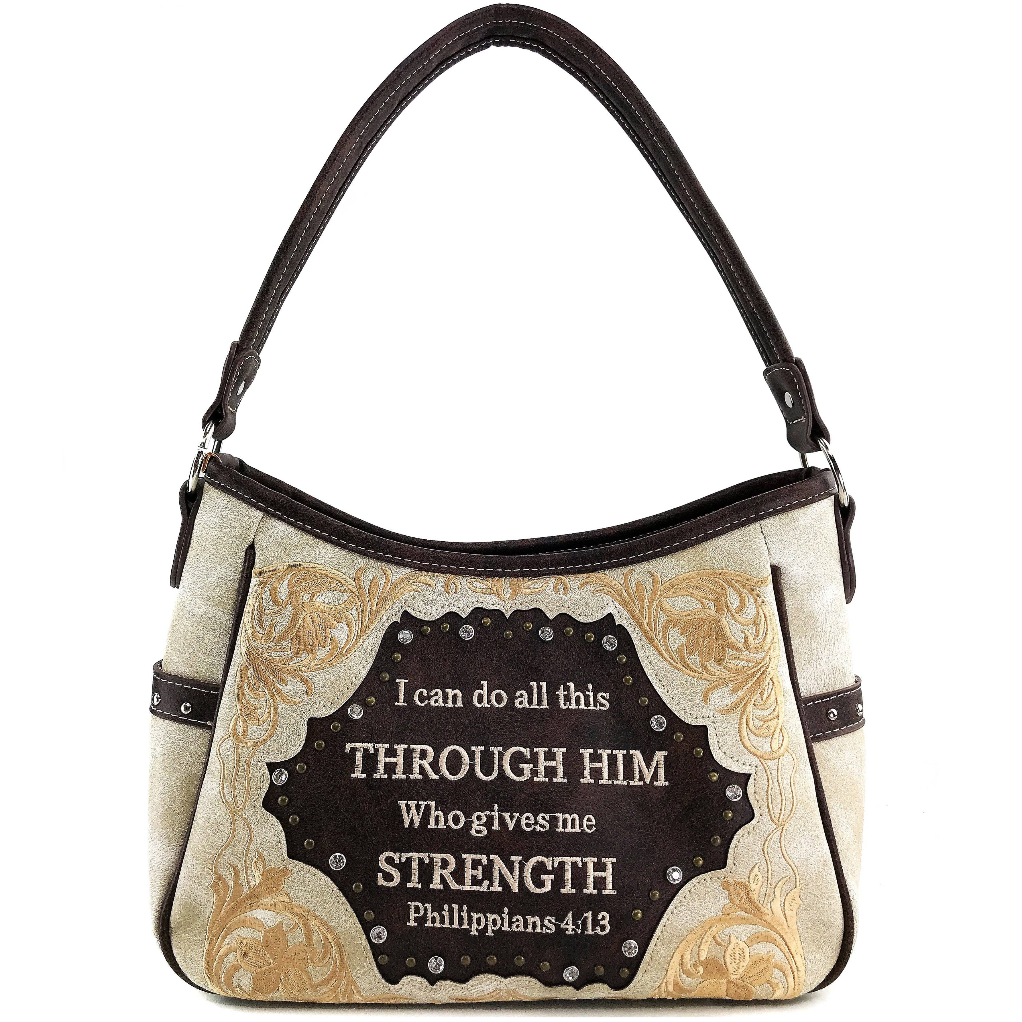 Bible Verse Philippians 4:13 Embroidery Handbag Hobo Bag: Black
