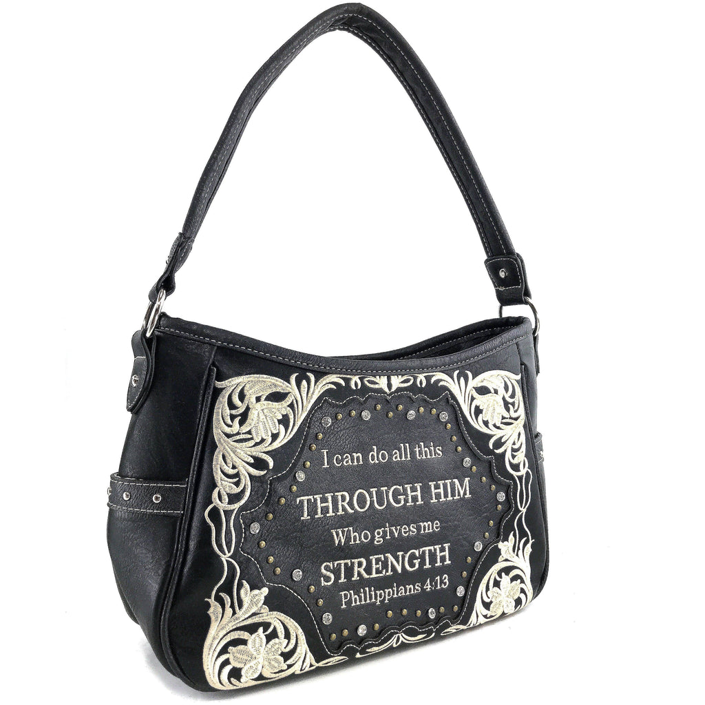 Bible Verse Philippians 4:13 Embroidery Handbag Hobo Bag: Black