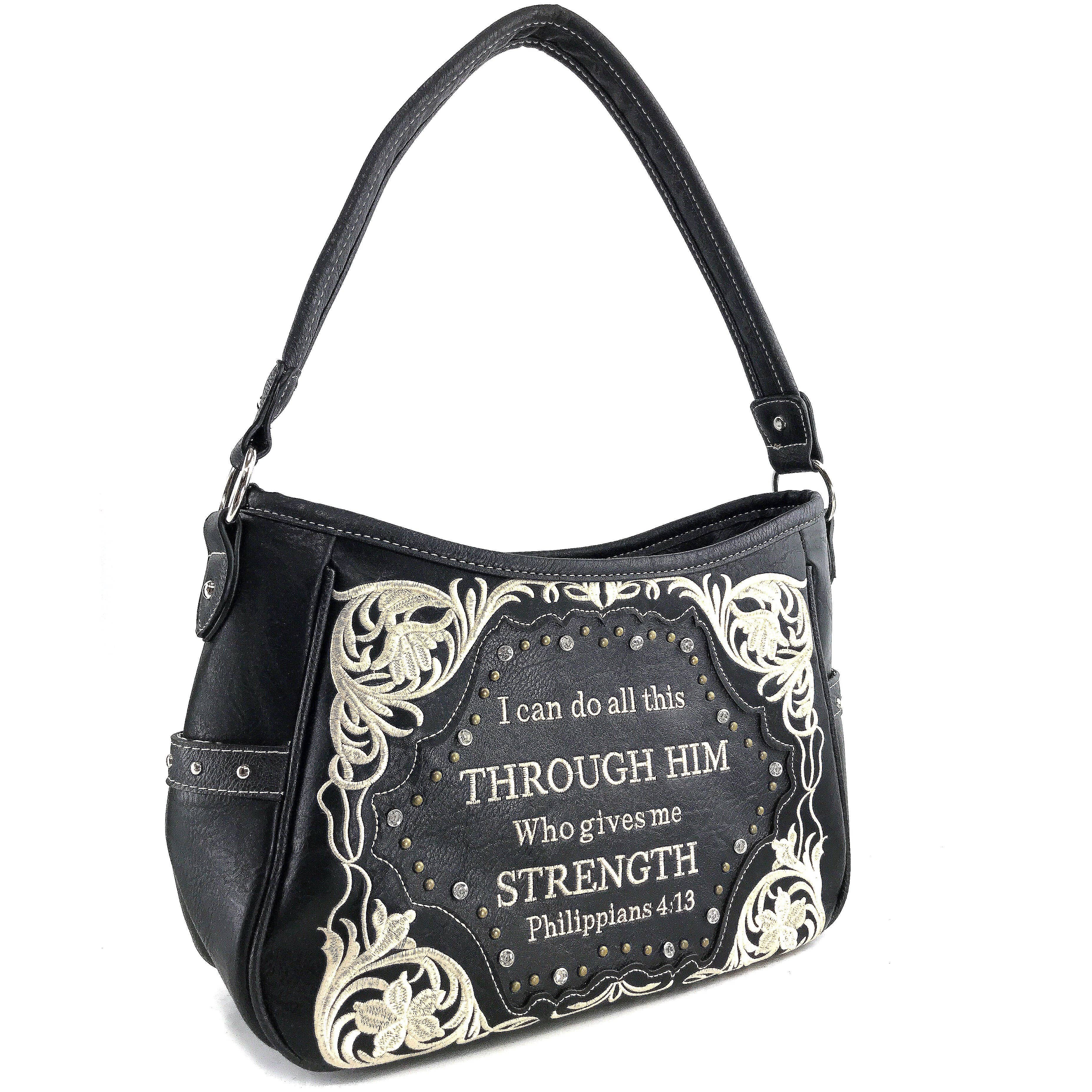Bible Verse Philippians 4:13 Embroidery Handbag Hobo Bag: Black