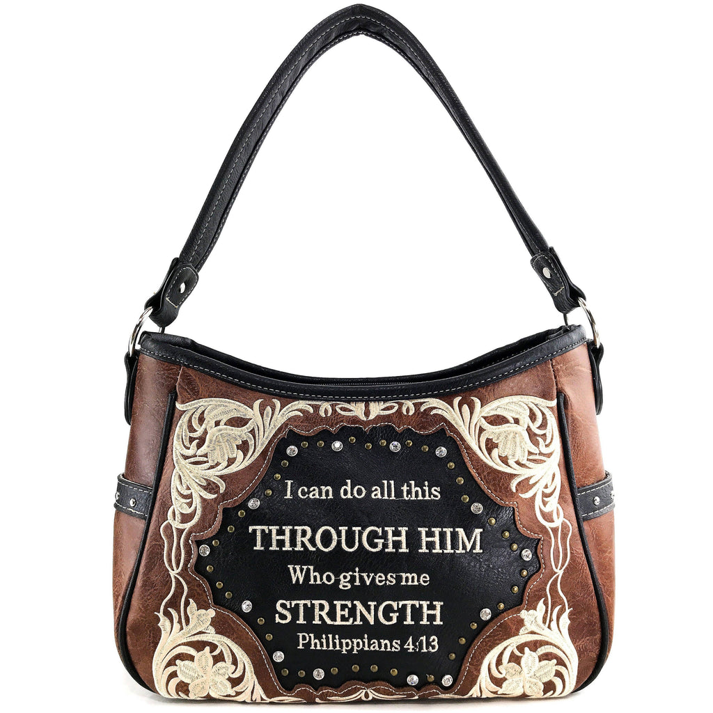 Bible Verse Philippians 4:13 Embroidery Handbag Hobo Bag: Black
