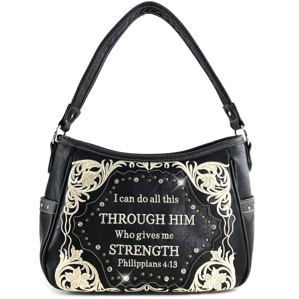 Bible Verse Philippians 4:13 Embroidery Handbag Hobo Bag: Black