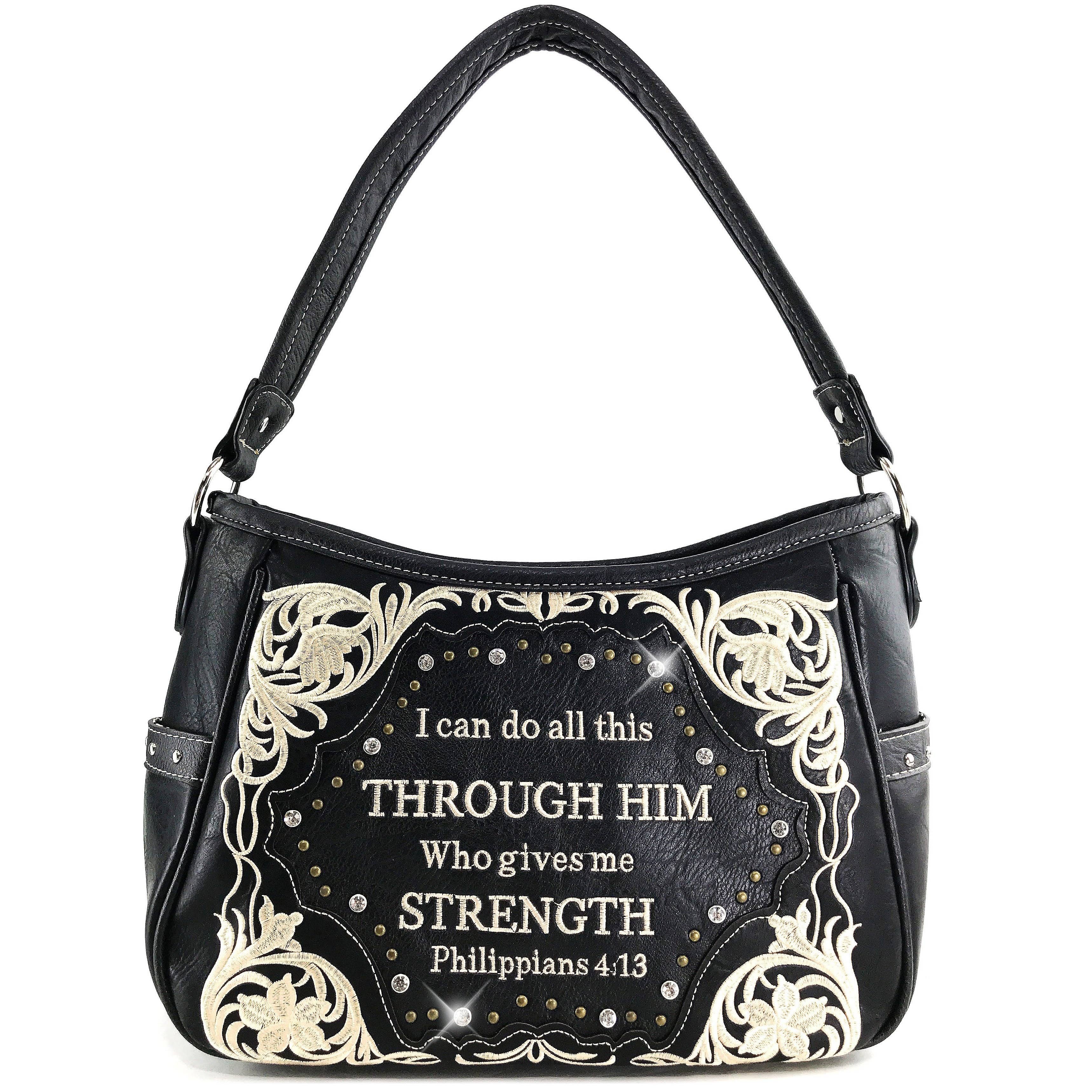Bible Verse Philippians 4:13 Embroidery Handbag Hobo Bag: Black