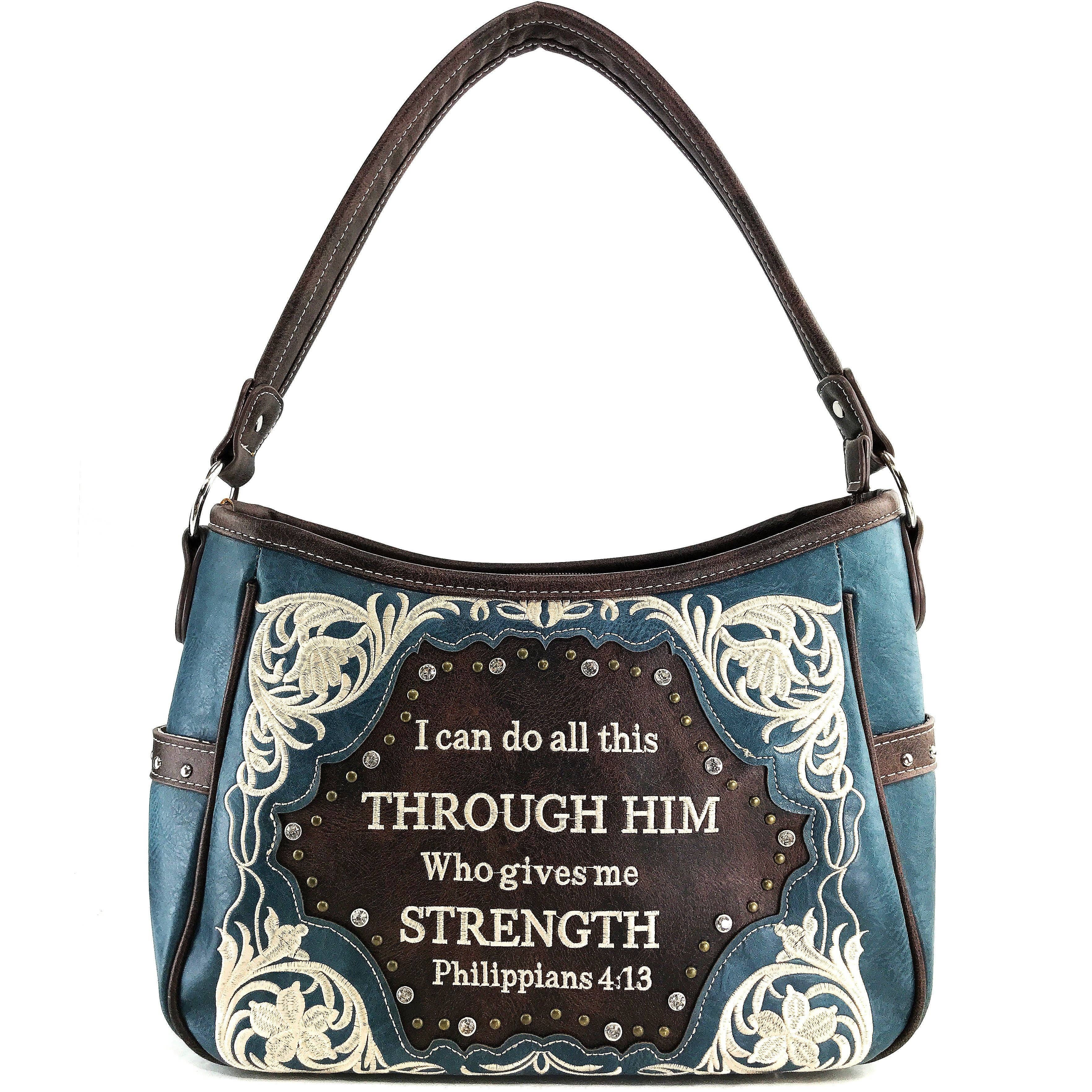 Bible Verse Philippians 4:13 Embroidery Handbag Hobo Bag: Black